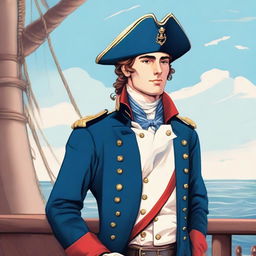 Smooth, bright illustration of a 23 year old captain at sea wearing a blue coat and a tricorne that are both trimmed with light red