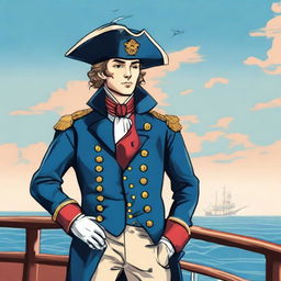 Smooth, bright illustration of a 23 year old captain at sea wearing a blue coat and a tricorne that are both trimmed with light red