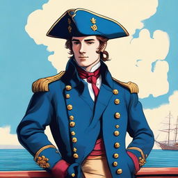 Smooth, bright illustration of a 23 year old captain at sea wearing a blue coat and a tricorne that are both trimmed with light red