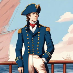 Smooth, bright illustration of a 23 year old captain at sea wearing a blue coat and a tricorne that are both trimmed with light red