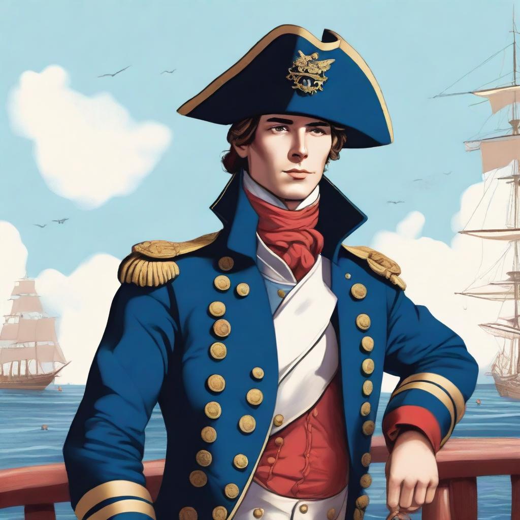 Smooth, bright illustration of a 23 year old captain at sea wearing a blue coat and a tricorne that are both trimmed with light red