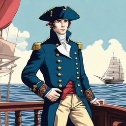 Smooth, bright illustration of a 23 year old captain at sea wearing a blue coat and a tricorne that are both trimmed with light red