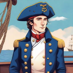 Smooth, bright illustration of a 23 year old captain at sea wearing a blue coat and a tricorne that are both trimmed with light red