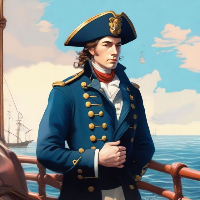 A smooth, bright illustration of a 23 year old captain at sea wearing a blue coat and a tricorne that are both trimmed with light red