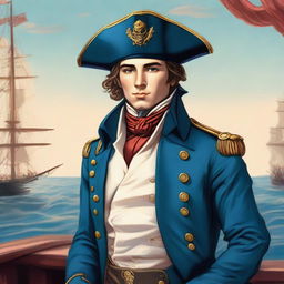 A smooth, bright illustration of a 23 year old captain at sea wearing a blue coat and a tricorne that are both trimmed with light red