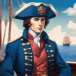 A smooth, bright illustration of a 23 year old captain at sea wearing a blue coat and a tricorne that are both trimmed with light red