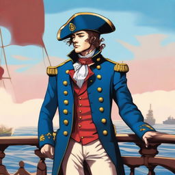 A smooth, bright illustration of a 23 year old captain at sea wearing a blue coat and a tricorne that are both trimmed with light red