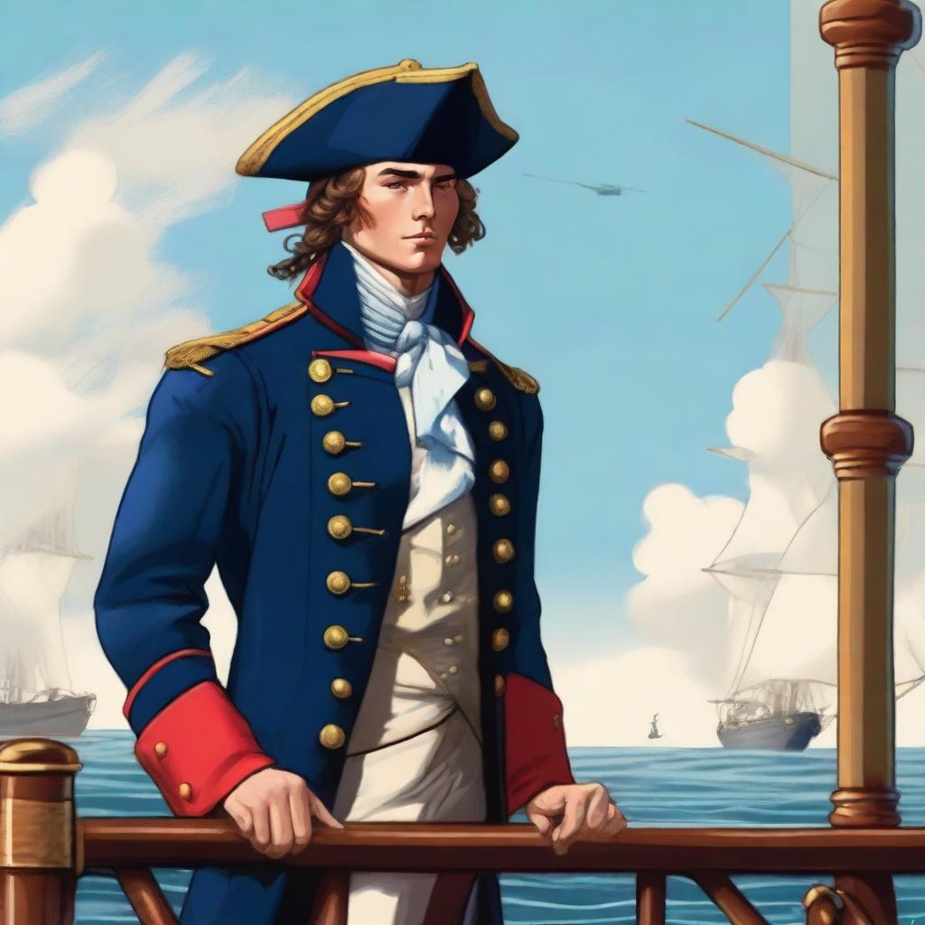 A bright illustration of a 23 year old captain at sea wearing a blue coat and a tricorne that are both trimmed with light red