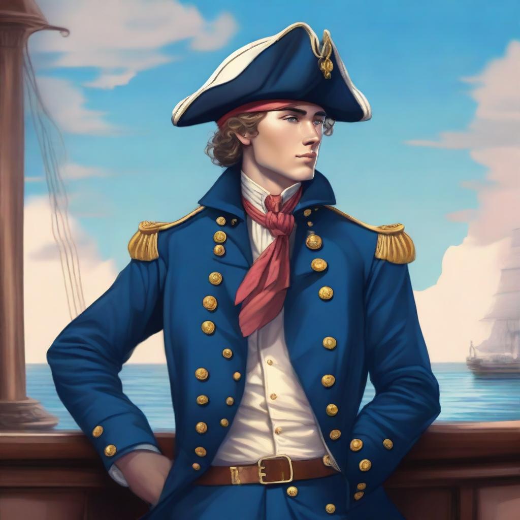 A bright illustration of a 23 year old captain at sea wearing a blue coat and a tricorne that are both trimmed with light red