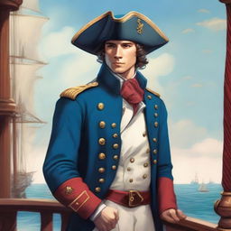 A bright illustration of a 23 year old captain at sea wearing a blue coat and a tricorne that are both trimmed with light red