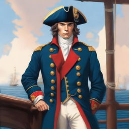 A bright illustration of a 23 year old captain at sea wearing a blue coat and a tricorne that are both trimmed with light red