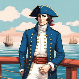 Bright illustration of a 23 year old captain at sea wearing a blue coat and a tricorne that are both trimmed with light red