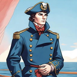 Bright illustration of a 23 year old captain at sea wearing a blue coat and a tricorne that are both trimmed with light red