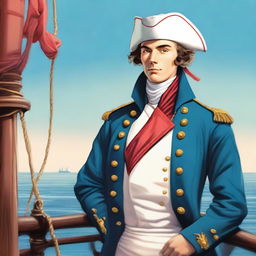 Bright illustration of a 23 year old captain at sea wearing a blue coat and a tricorne that are both trimmed with light red