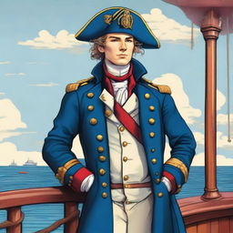 Bright illustration of a 23 year old captain at sea wearing a blue coat and a tricorne that are both trimmed with light red