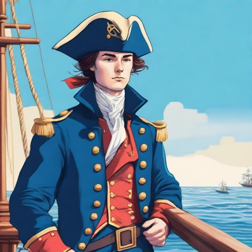 Bright illustration of a 23-year-old captain at sea, wearing a blue coat and a tricorne both trimmed with light red