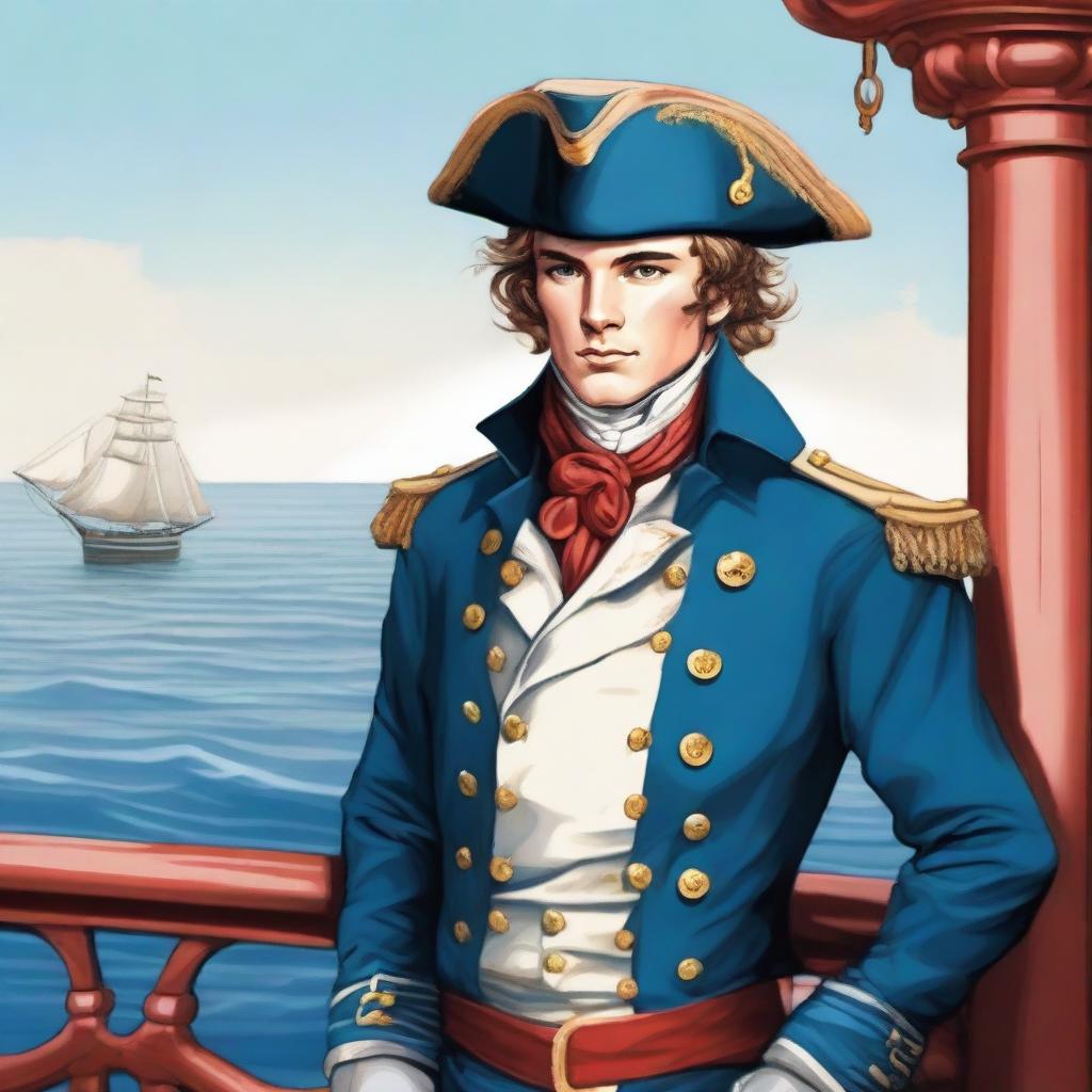 Bright illustration of a 23-year-old captain at sea, wearing a blue coat and a tricorne both trimmed with light red