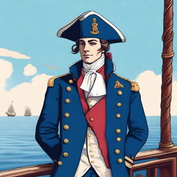 Bright illustration of a 23-year-old captain at sea, wearing a blue coat and a tricorne both trimmed with light red