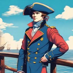 Bright illustration of a 23-year-old captain at sea, wearing a blue coat and a tricorne both trimmed with light red