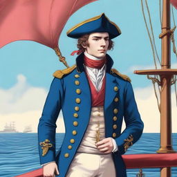 Bright illustration of a 23-year-old captain at sea, wearing a blue coat and a tricorne both trimmed with light red