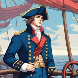 Bright illustration of a 23-year-old captain at sea, wearing a blue coat and a tricorne both trimmed with light red