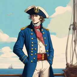 Bright illustration of a 23-year-old captain at sea, wearing a blue coat and a tricorne both trimmed with light red