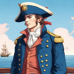 Bright illustration of a 23-year-old captain at sea, wearing a blue coat and a tricorne both trimmed with light red