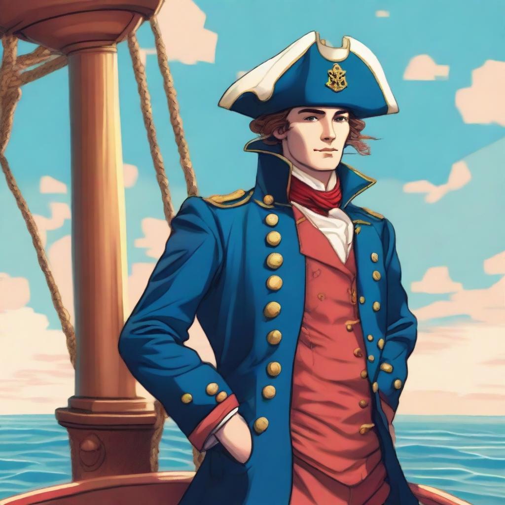 Bright illustration of a 23 year old captain at sea wearing a blue coat and a tricorne that are both trimmed with light red