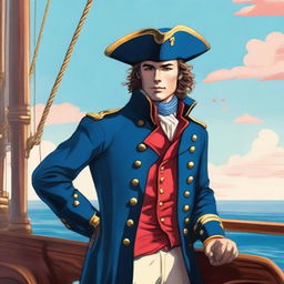 Bright illustration of a 23 year old captain at sea wearing a blue coat and a tricorne that are both trimmed with light red