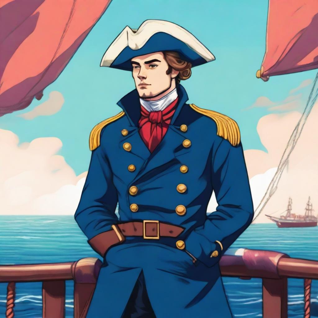 Bright illustration of a 23 year old captain at sea wearing a blue coat and a tricorne that are both trimmed with light red