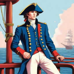 Bright illustration of a 23 year old captain at sea wearing a blue coat and a tricorne that are both trimmed with light red