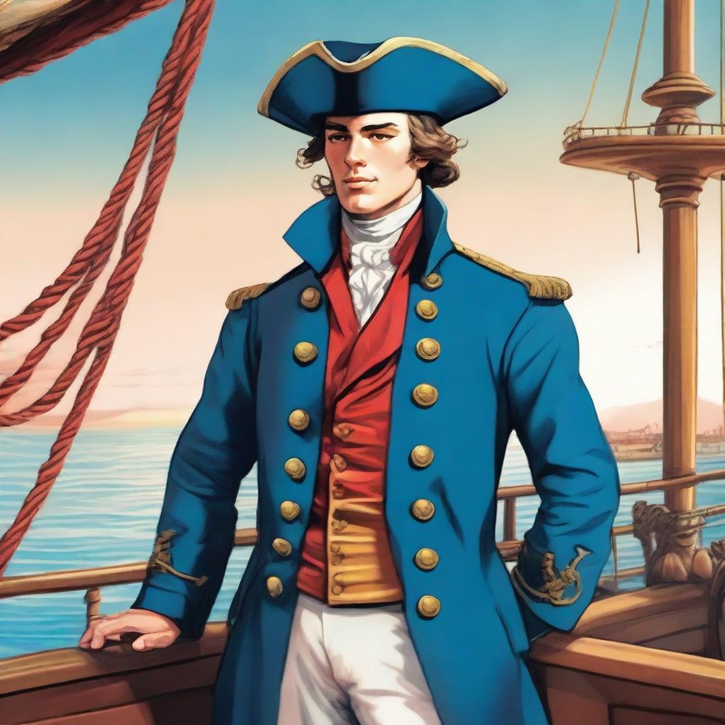 Bright illustration of a 23-year-old captain at sea wearing a blue coat and a tricorne that are both trimmed with light red