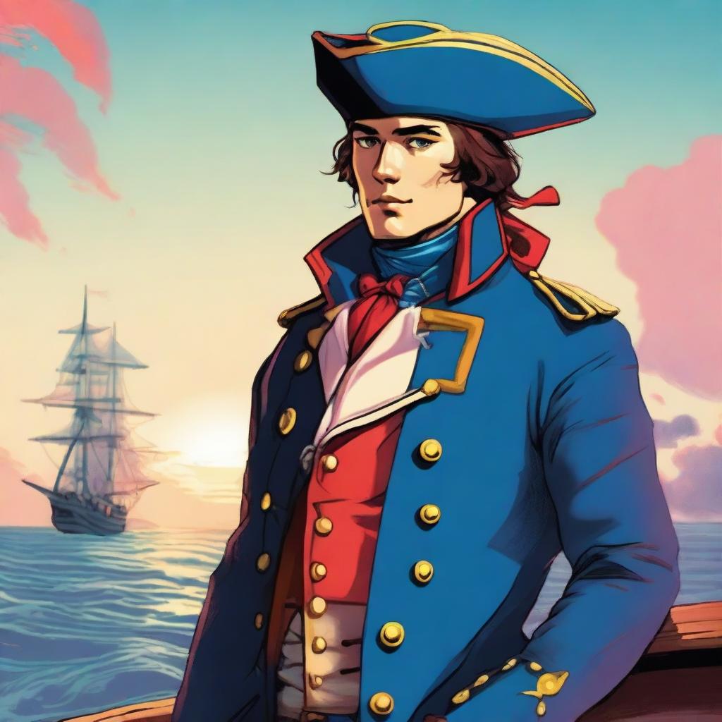 Bright illustration of a 23-year-old captain at sea wearing a blue coat and a tricorne that are both trimmed with light red