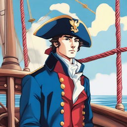 Bright illustration of a 23-year-old captain at sea wearing a blue coat and a tricorne that are both trimmed with light red