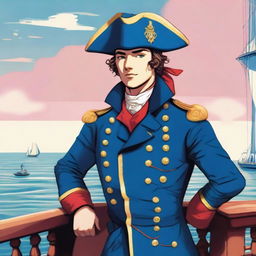 Bright illustration of a 23-year-old captain at sea wearing a blue coat and a tricorne that are both trimmed with light red