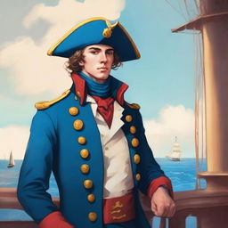 Bright illustration of a 23-year-old captain at sea wearing a blue coat and a tricorne that are both trimmed with light red