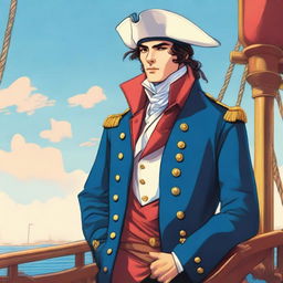 Bright illustration of a 23-year-old captain at sea wearing a blue coat and a tricorne that are both trimmed with light red