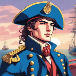 Bright illustration of a 23-year-old captain at sea wearing a blue coat and a tricorne that are both trimmed with light red