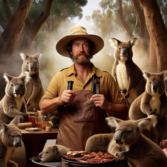 Exaggerated character concept: A man that embodies all things stereotypically Australian to an implausible degree, with khaki bush attire, cork hat, BBQ chef tools, surrounded by kangaroos and koalas.