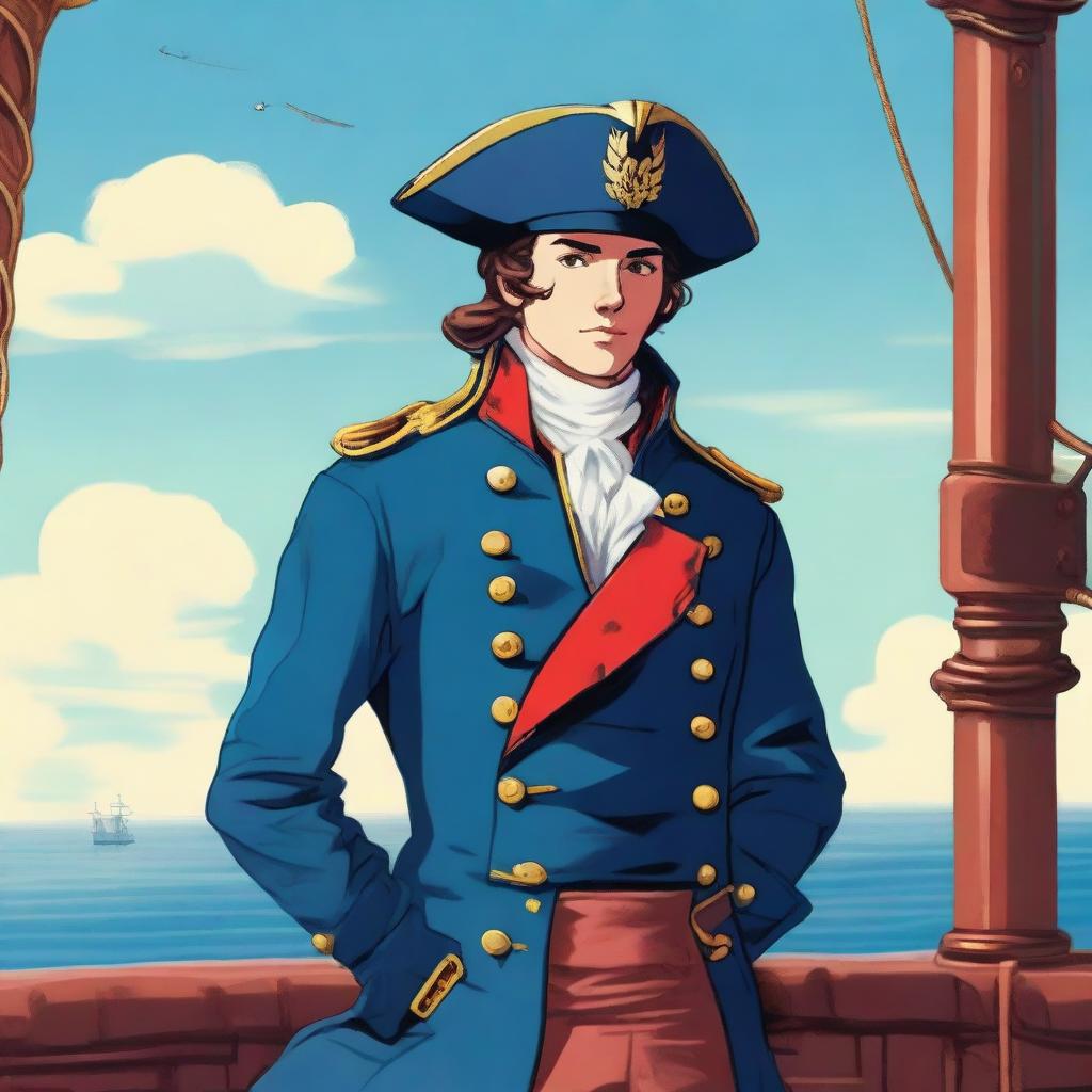 Bright illustration of a 23-year-old captain at sea wearing a blue coat and a tricorne that are both trimmed with light red