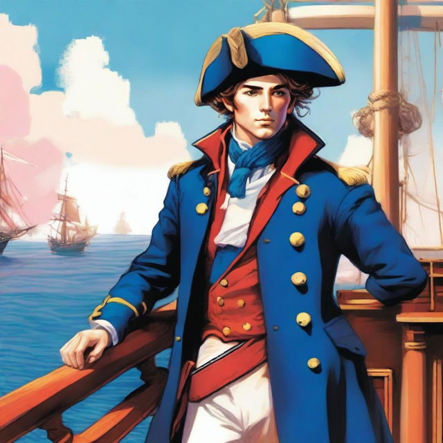 Bright illustration of a 23-year-old captain at sea wearing a blue coat and a tricorne that are both trimmed with light red