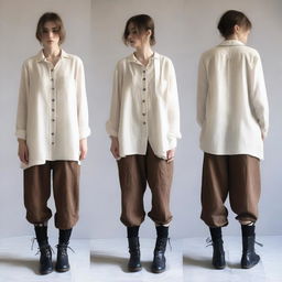 A detailed outfit consisting of an off-white loose-fitting linen shirt with long sleeves, a simple lace-up front, and slightly oversized for comfort