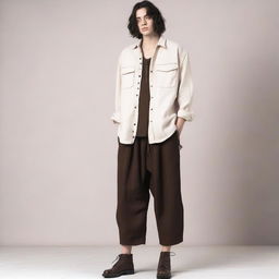 A detailed outfit consisting of an off-white loose-fitting linen shirt with long sleeves, a simple lace-up front, and slightly oversized for comfort