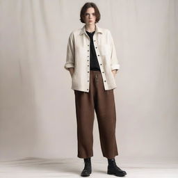 A detailed outfit consisting of an off-white loose-fitting linen shirt with long sleeves, a simple lace-up front, and slightly oversized for comfort