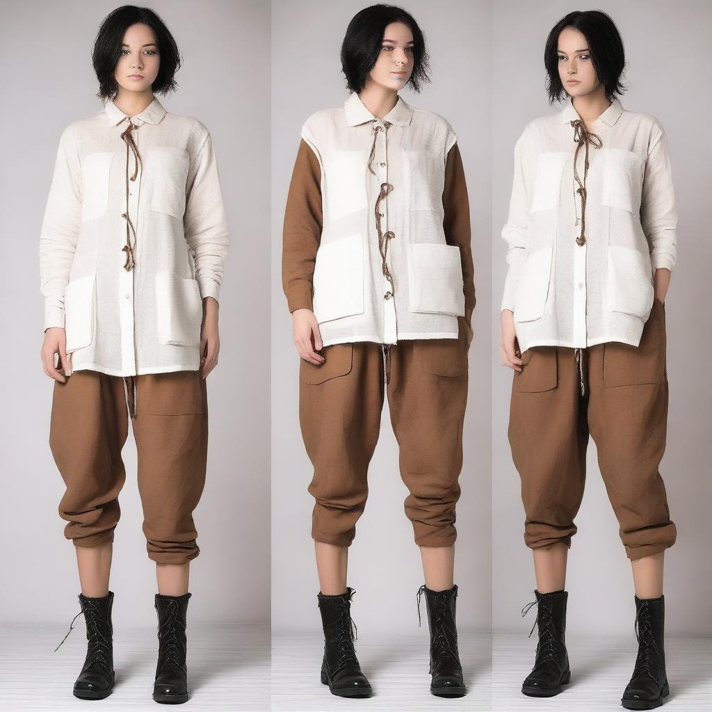 A detailed outfit consisting of an off-white loose-fitting linen shirt with long sleeves, a simple lace-up front, and slightly oversized for comfort