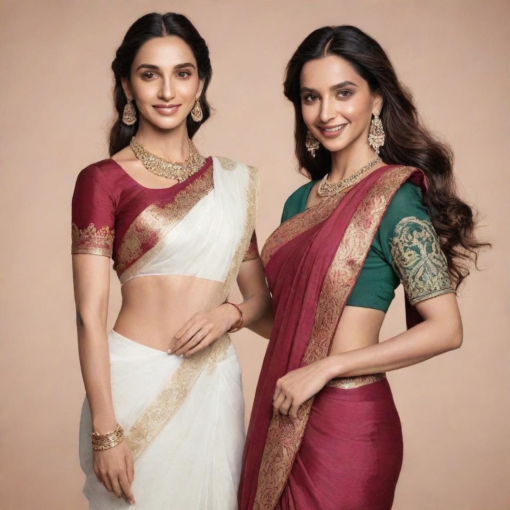 A Disney-style illustration of celebrities Nora Fatehi and Deepika Padukone together. Nora is in sports attire, while Deepika is adorned in a traditional saree.