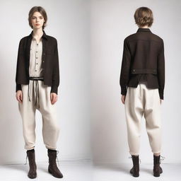 A detailed outfit consisting of an off-white loose-fitting linen shirt with long sleeves, a simple lace-up front, and slightly oversized for comfort