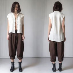 A detailed outfit consisting of an off-white loose-fitting linen shirt with long sleeves, a simple lace-up front, and slightly oversized for comfort