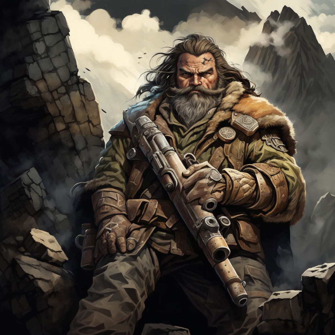 A detailed character concept of a haggard dwarven sniper in rugged mountains, carrying an ancient rifle and wearing practical mountain gear