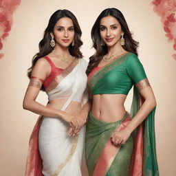 A Disney-style illustration of celebrities Nora Fatehi and Deepika Padukone together. Nora is in sports attire, while Deepika is adorned in a traditional saree.